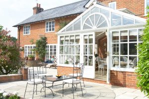 Conservatory and patio on a spring morning.