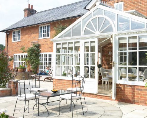 Conservatory and patio on a spring morning.